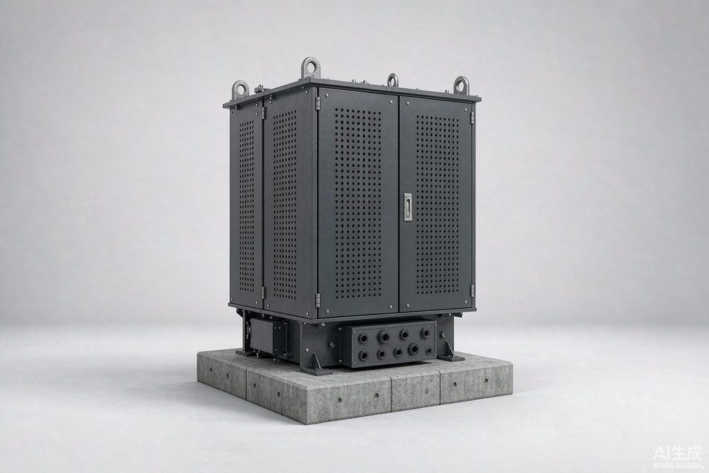 Enclosed dry-type transformer in a ventilated steel housing (product rendering)