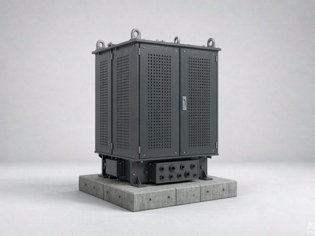 Enclosed dry-type transformer in a ventilated steel housing (product rendering)