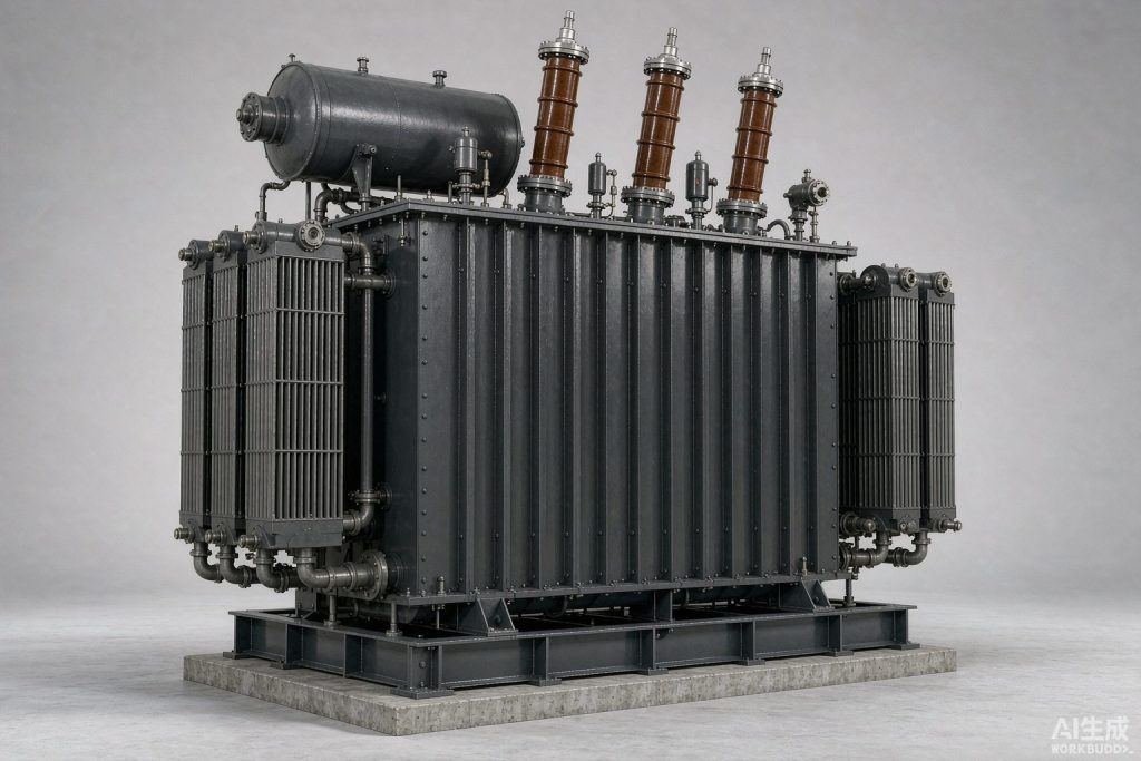 Oil-immersed power transformer with radiator banks and HV bushings (product rendering)