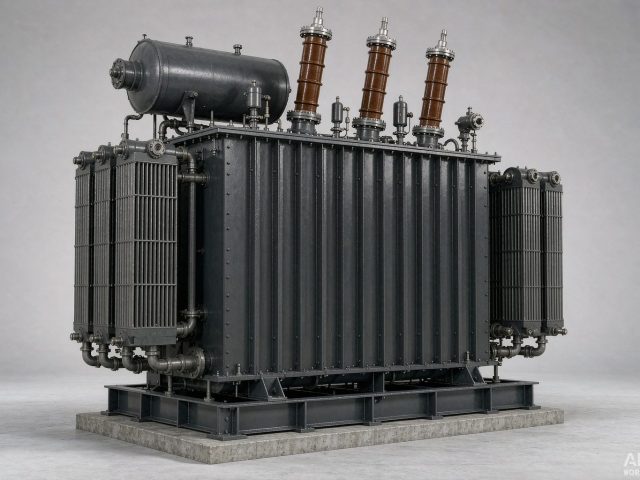 Oil-immersed power transformer with radiator banks and HV bushings (product rendering)